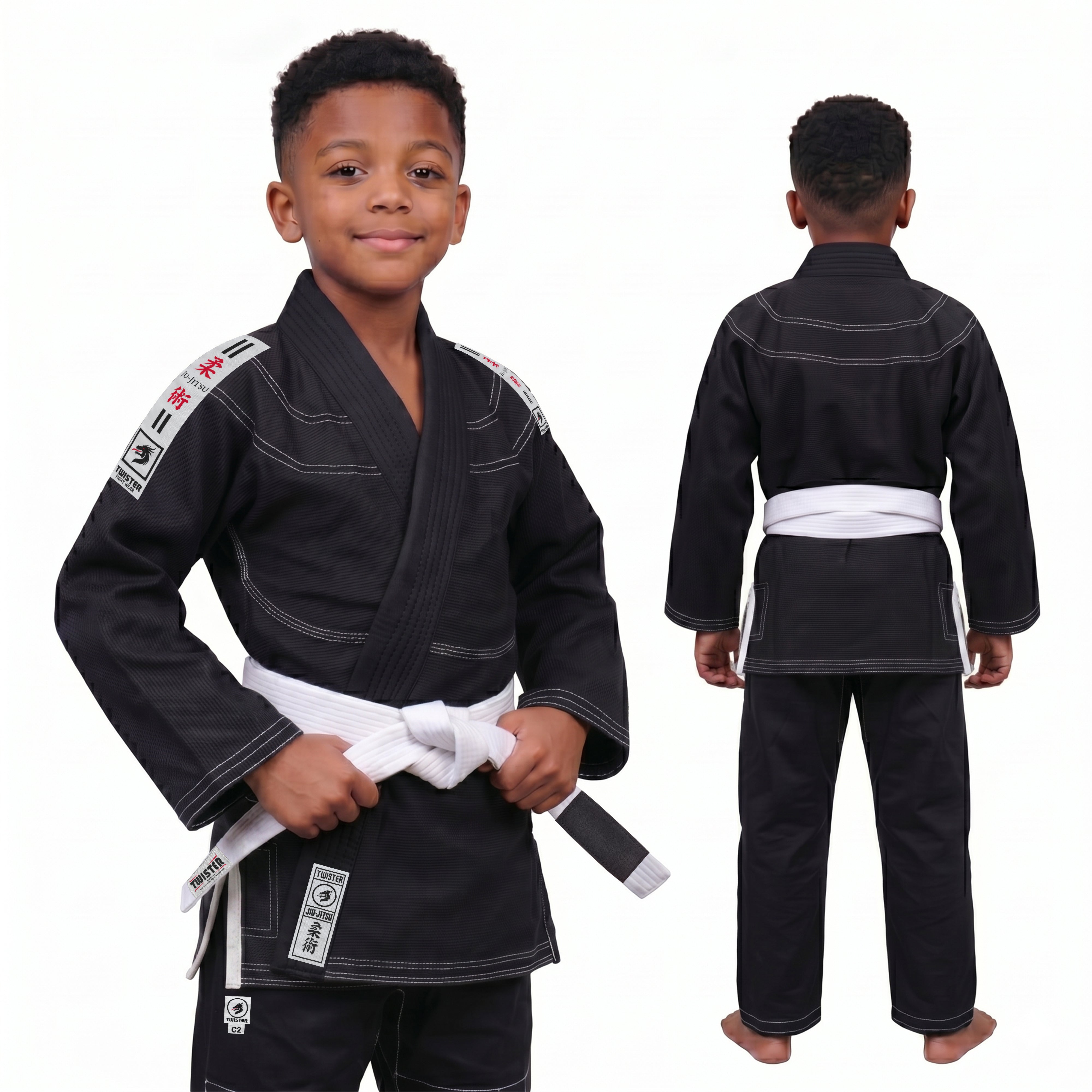 Twister Kids Brazilian Jiu Jitsu Gi | Preshrunk Ultra Light Fabric Youth BJJ Gi | Comes with FREE White Belt | BLACK